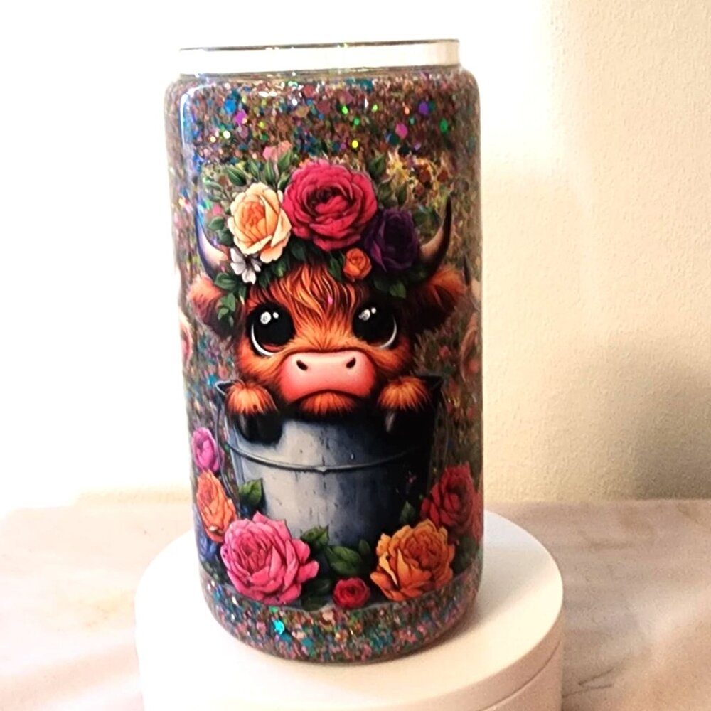 Handmade Glitter Snow Globe Cup 16 Oz. Glass Yak Lid & Straw Medium Flow. B/118